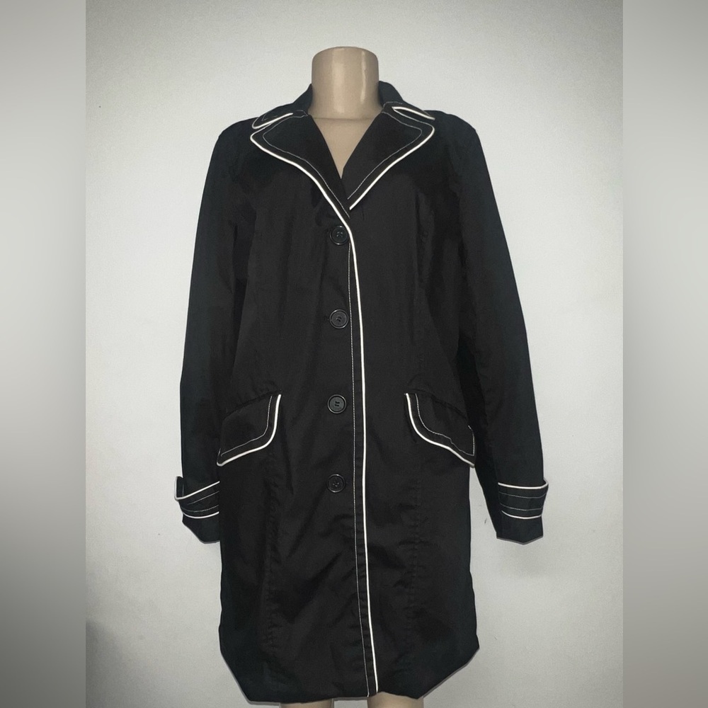 Dennis Basso Black Trench Coat with White Accents - Picture 5 of 8